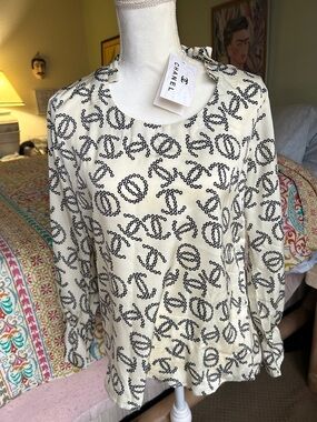 CHANEL Cream and Black CC Print Long Sleeve Top